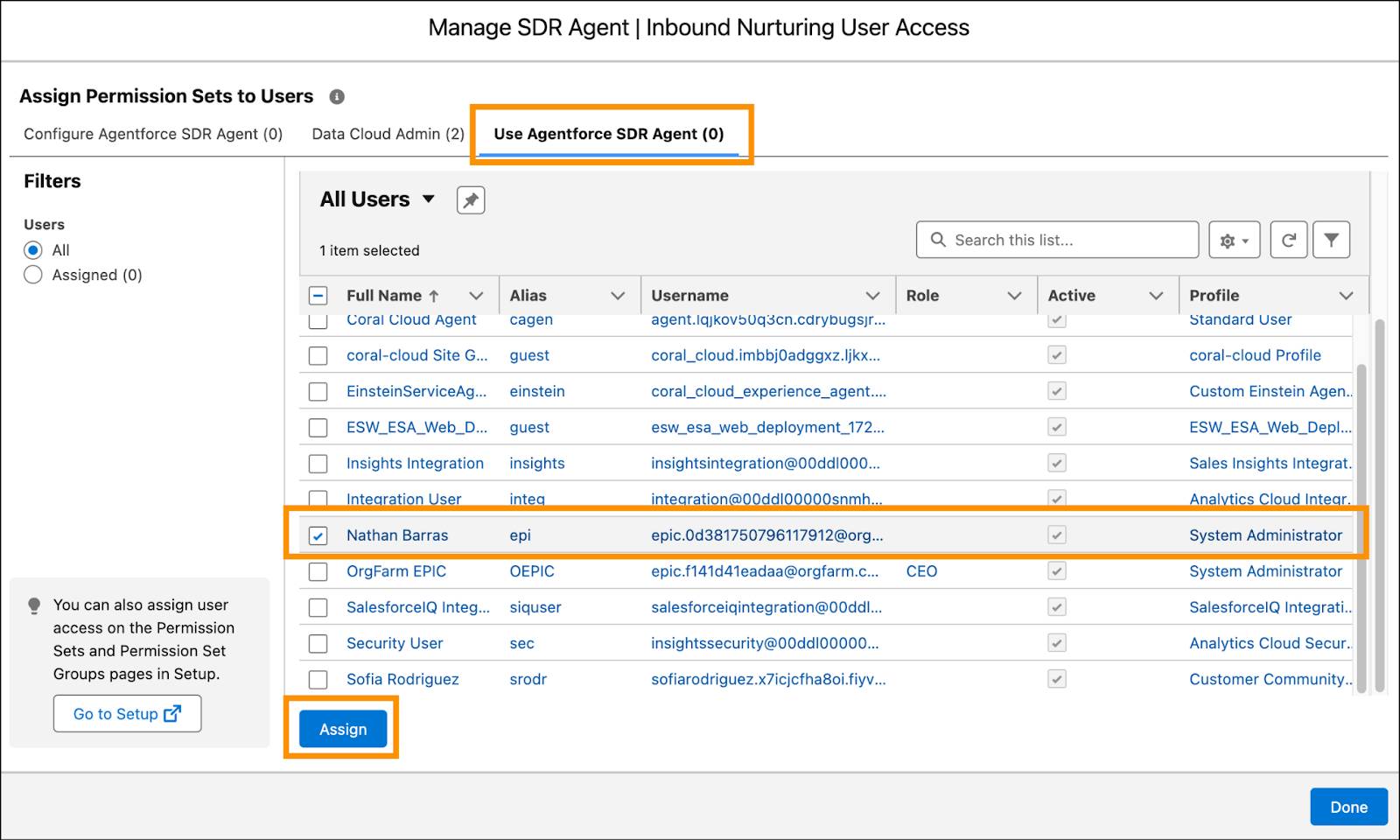A guia Use Agentforce SDR Agent (Usar o agente SDR do Agentforce) com seu nome marcado na lista All Users (Todos os usuários) e o botão Assign (Atribuir) destacado.