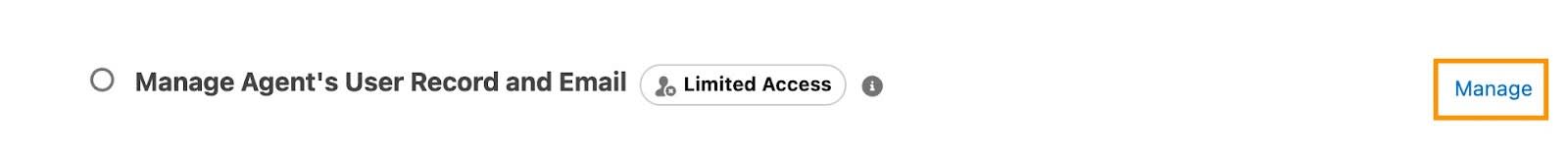 Gerencie o registro do usuário do agente e o email com o texto Gerenciar destacado.