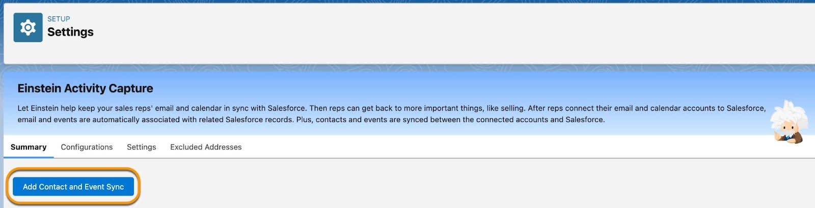 Página Einstein Activity Capture Settings (Configurações de captura de atividades do Einstein) com o botão Add Contacts and Event Sync (Adicionar contato e sincronização de eventos) destacado.
