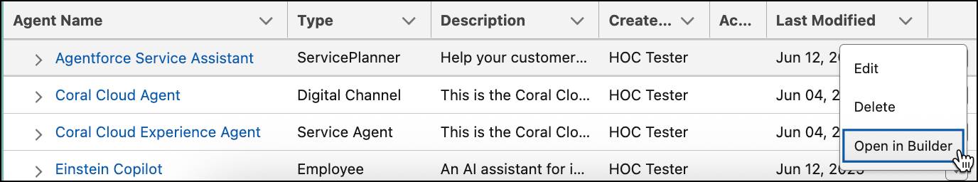 Cómo abrir el agente desde la página Agentforce Agents Setup (Configuración de agentes de Agentforce).