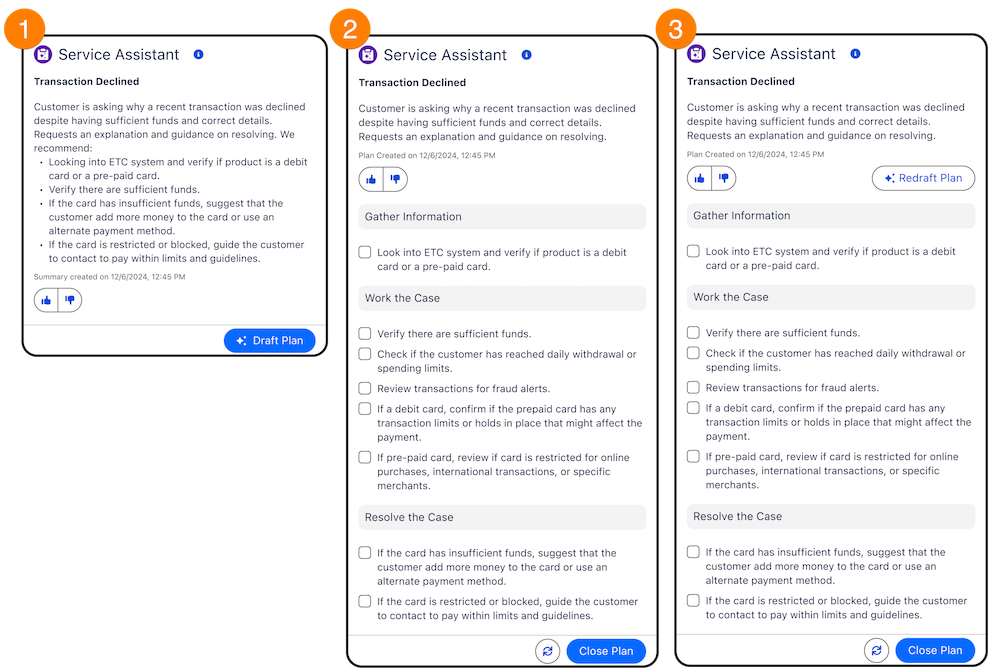 El componente Service Assistant con el resumen de un caso y todos los pasos del plan.