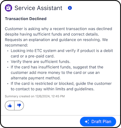Riepilogo del piano di servizio visualizzato nel componente.