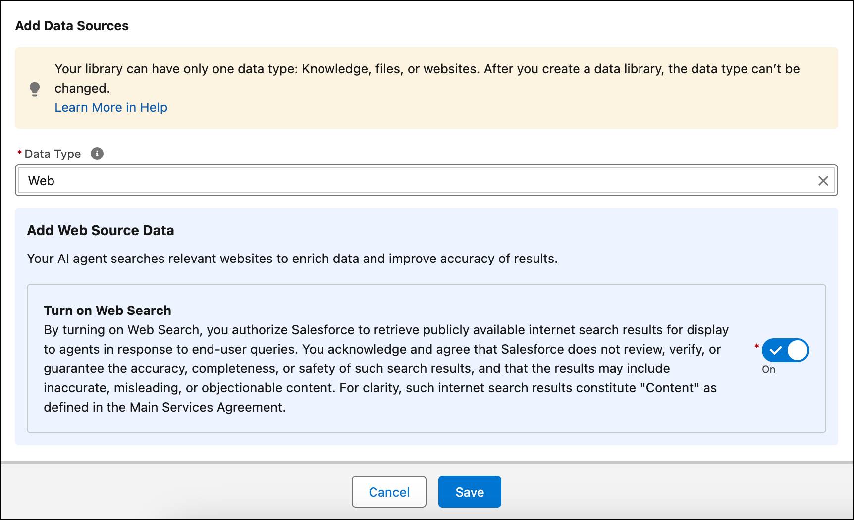 Web Source Data window showing Turn on Web Search enabled.