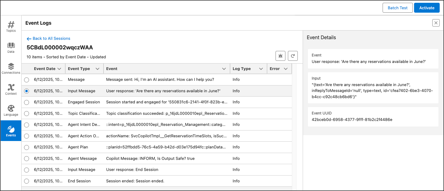 Ficha Event Logs (Registros de eventos) que muestra los datos de la conversación de una sesión de agente.