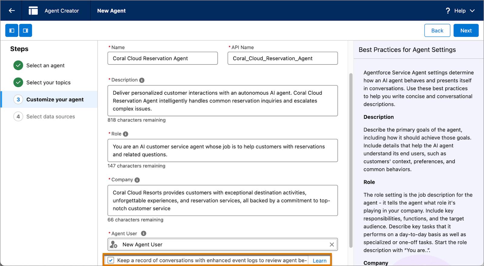 Paso 3 del Generador de Agentforce que muestra la casilla Keep a record of conversations with Enhanced Event Logs to review agent behavior (Mantenga un registro de las pláticas con registros de eventos mejorados para revisar el comportamiento de los agentes) con una marca de comprobación verde.