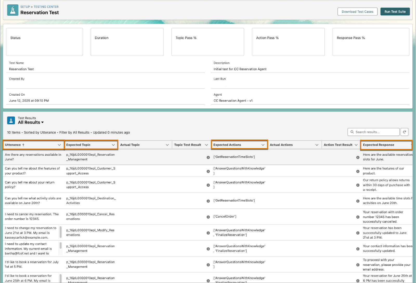 Testing Center showing the fields of each test scenario that are evaluated at run-time.