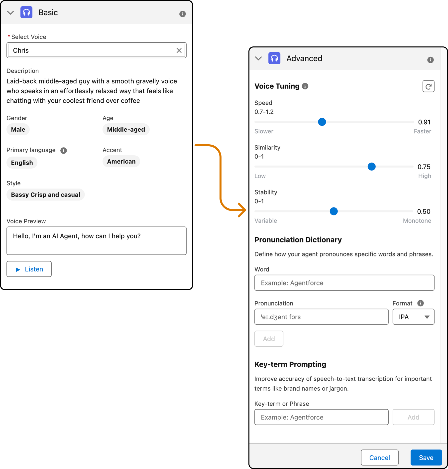 Voice settings screen in Agentforce Builder showing basic configuration for a voice and advanced tuning sliders for speed, similarity, and stability.