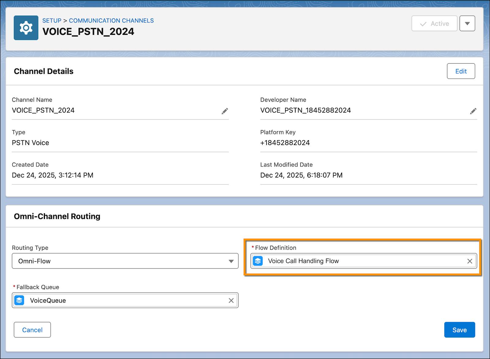 Channel details for a voice PSTN channel in Salesforce Setup, showing Omni-Channel Routing configured with an Omni-Flow routing type and a specific flow definition.