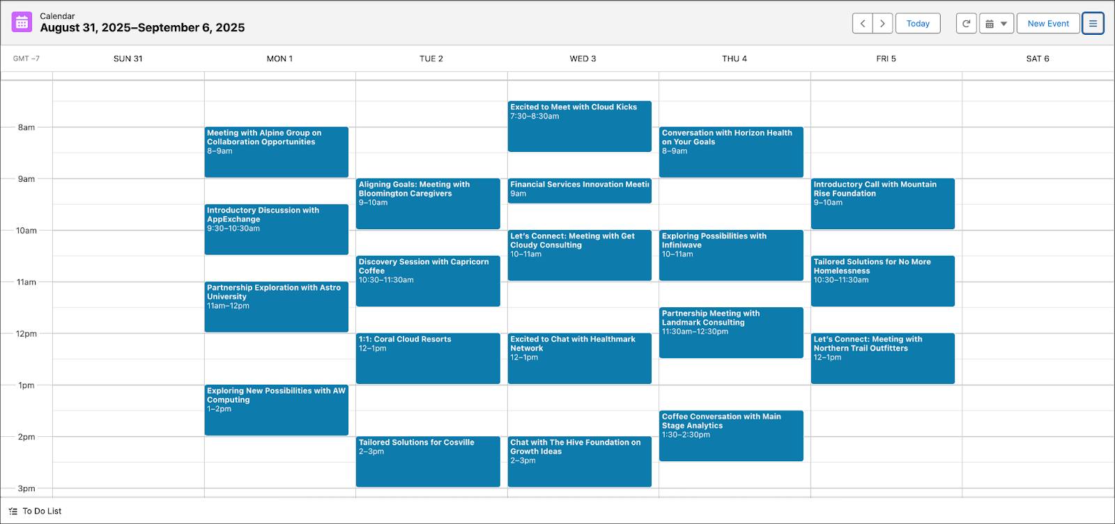 すべての予約済みミーティングが表示された [Calendar (カレンダー)] タブ。