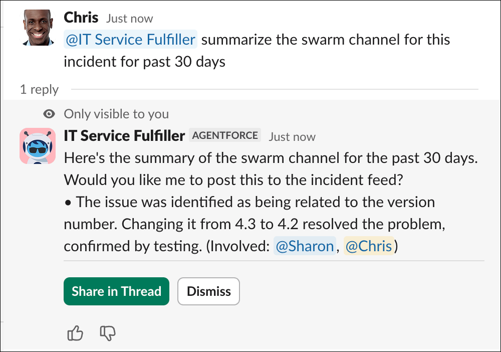 過去 30 日間の Slack スウォームの Agentforce サマリー。