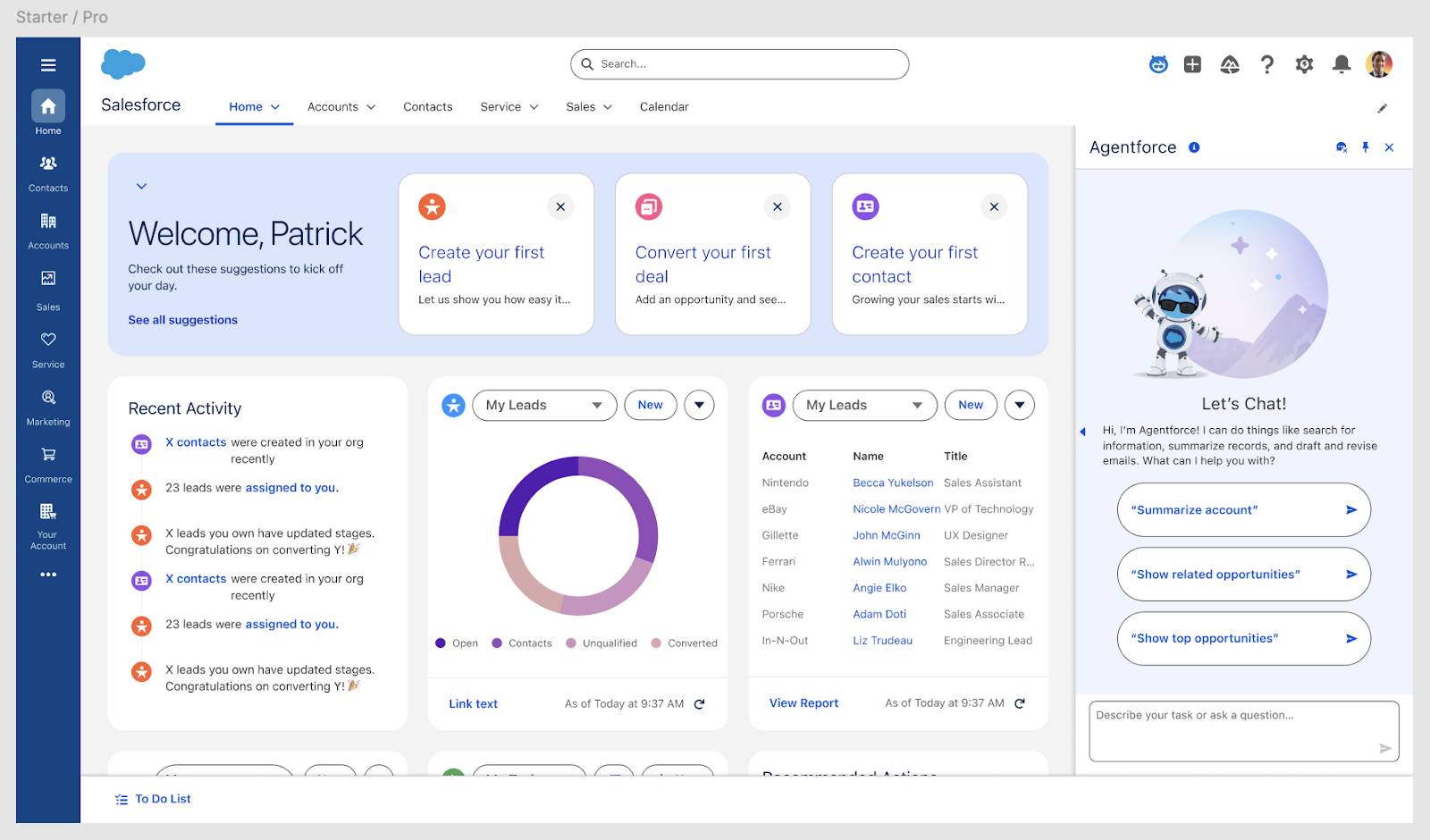 Salesforce Starter Suite showcasing dashboard with Agentforce employee agent pop up window.