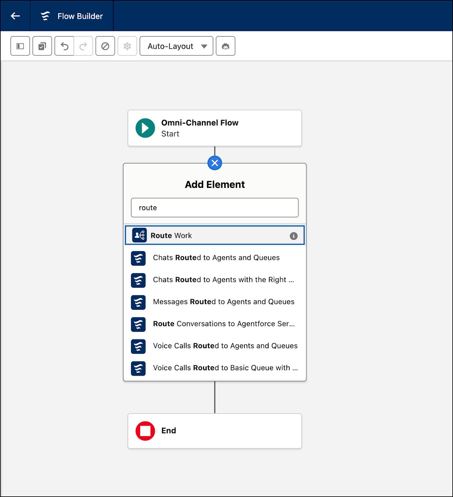 Omni-Channel Flow canvas showing an Add Element dialog with various routing options, including Route Work and Voice Calls Routed to Agents and Queues.