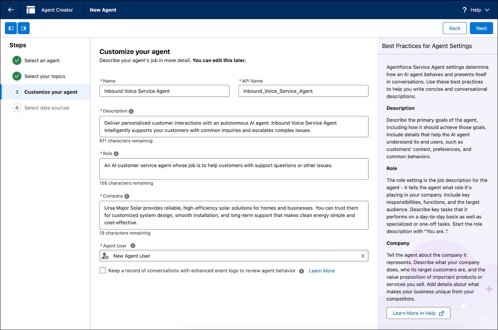 Customize your agent screen in Agent Creator showing fields for naming, describing, and defining the role and company profile for an Inbound Voice Service Agent.