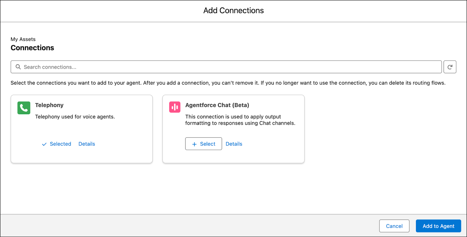 Add Connections dialog box showing Telephony as a selected asset to be added to the AI agent.