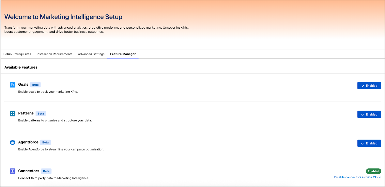 Marketing Intelligence Feature Manager showing beta features for Goals, Patterns, Agentforce, and Connectors.