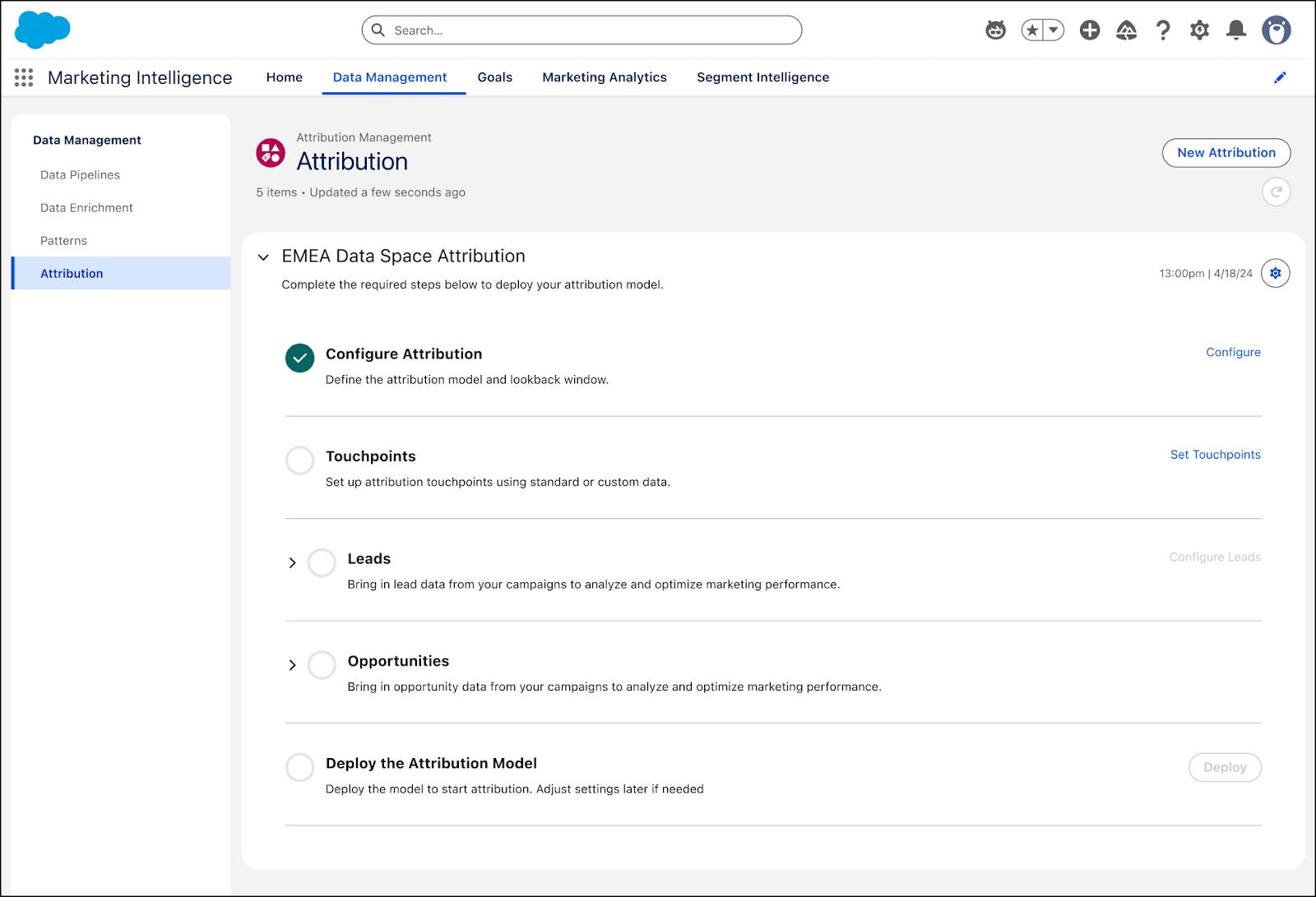 Marketing Intelligence Attribution page showing Touchpoints, Leads and Opportunities setup.