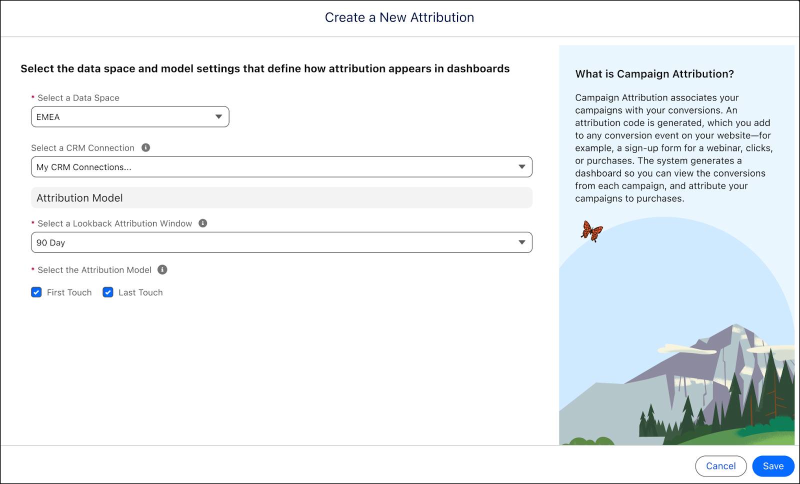 Marketing Intelligence Attribution Setup page.