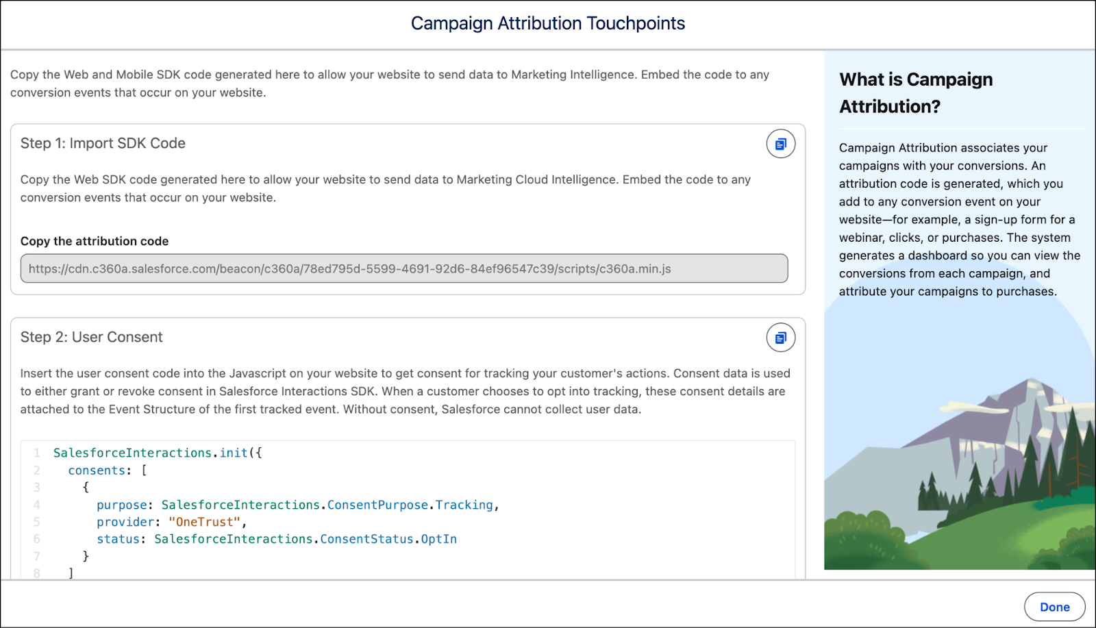 Marketing Intelligence Attribution SDK code page.