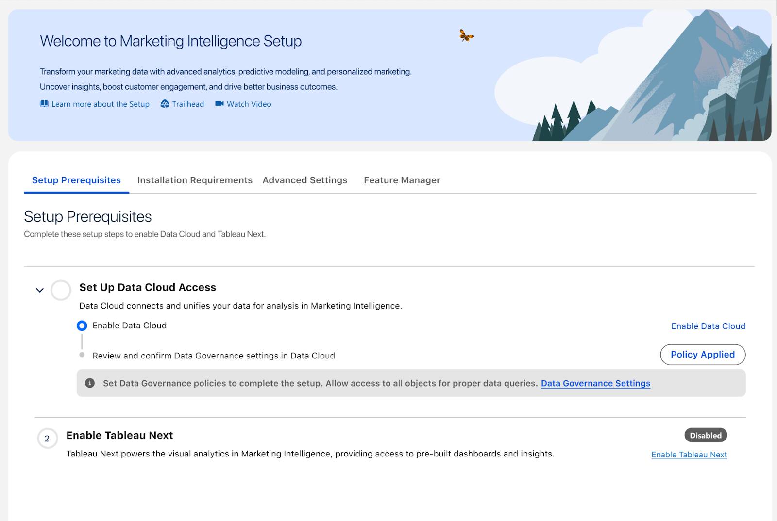マーケティングインテリジェンスの設定ページ。