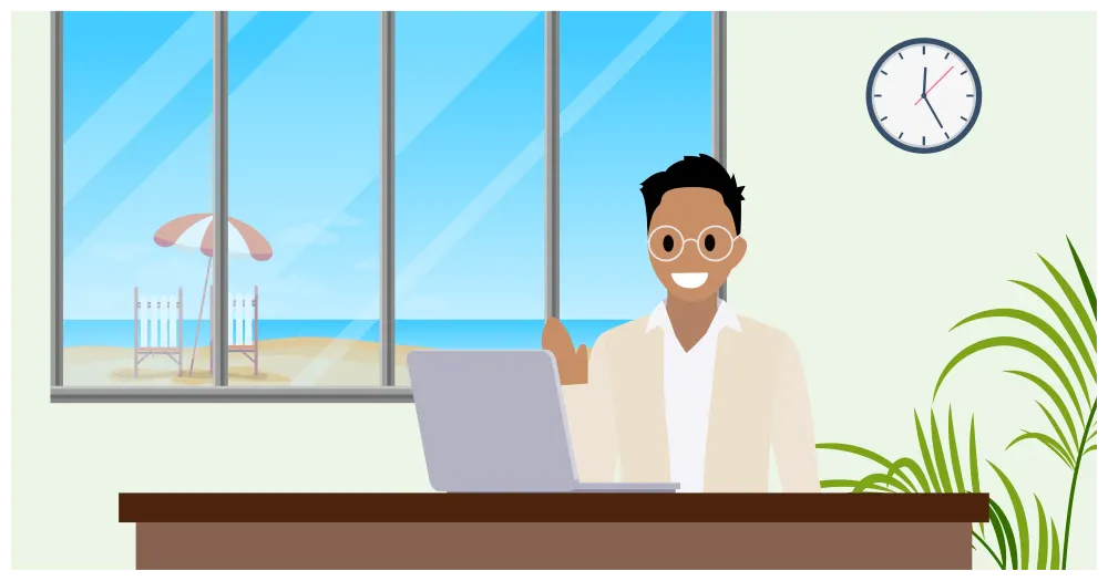 Coral Cloud Resorts のオフィスで、デスク上のラップトップを見ている Alex Wu。窓の外に海辺の景色が広がっています。