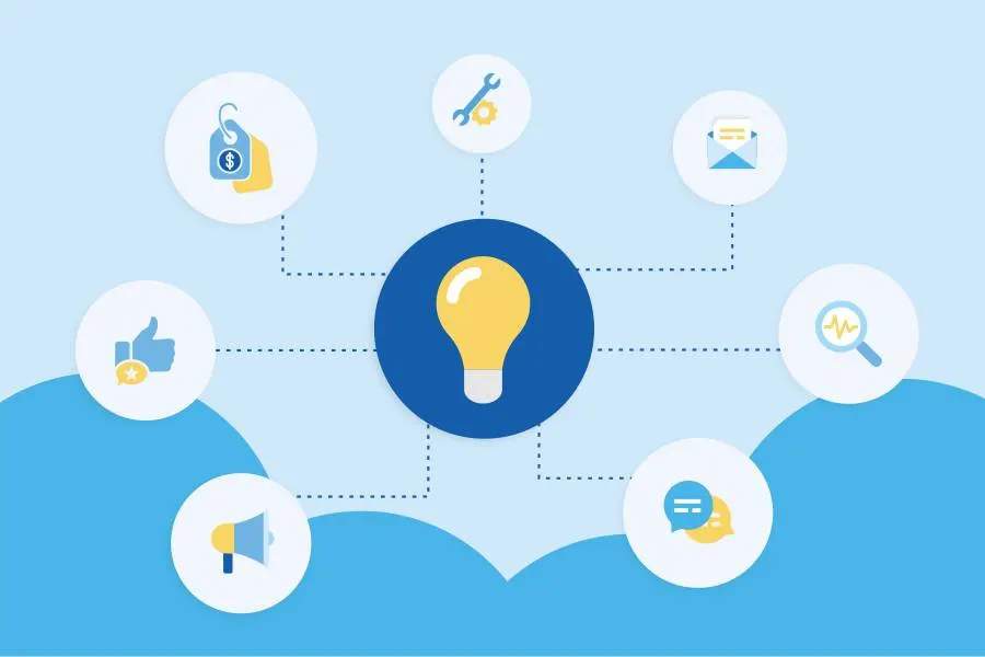 A lightbulb is surrounded by colorful icons representing different use case ideas. The icons include chat bubbles, a megaphone, magnifying glass, price tags, a wrench with a gear, and a thumbs up.