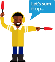 Ground crew member waving a signal with “Let’s Sum It Up” in a bubble