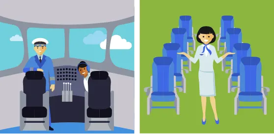 captain and copilot in cockpit, flight attendant standing in the aisle between empty seats