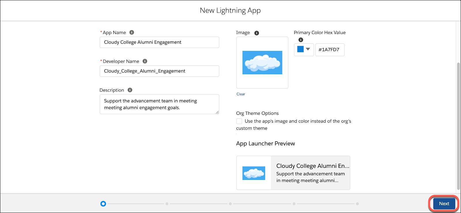 Fill in the basic information for your new lightning app and click Next.