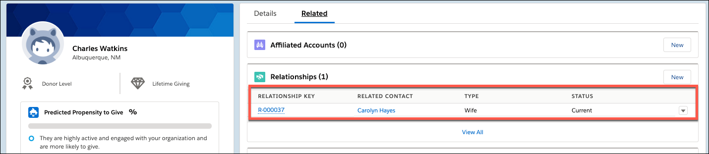 Salesforce Contact record for Charles Watkins with Relationship to Contact Carolyn Hayes highlighted