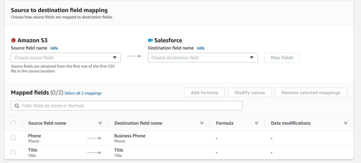 Source to destination field mapping page with options to map data from a CSV on Amazon S3 to a Salesforce field