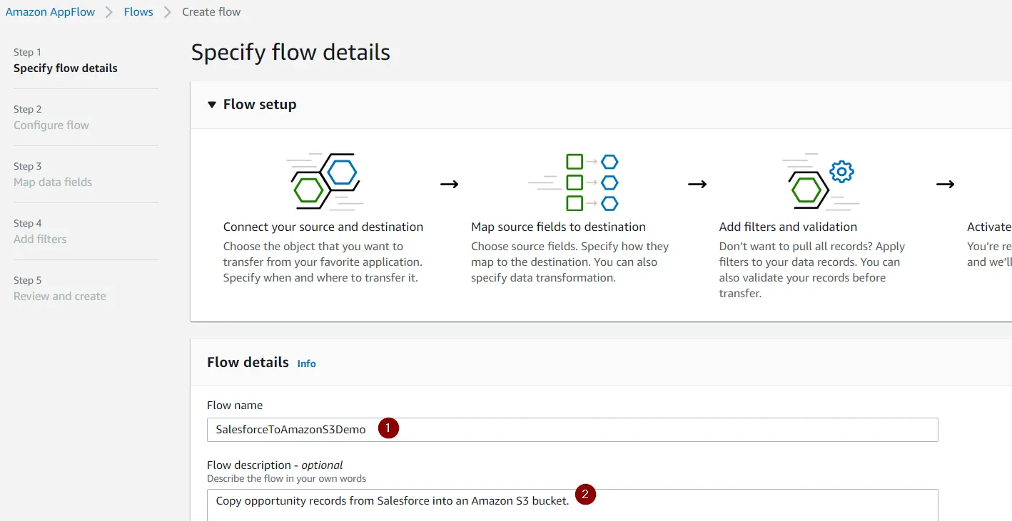 Specify flow details screen with the Flow name and description filled out as described in the steps.