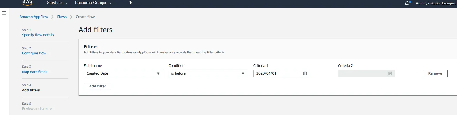 Add filters screen with the Created Date field name selected, is before Condition, and Criteria set to 2020/04/01