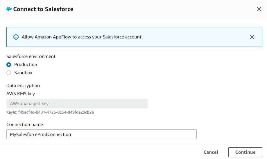 Fenster 'Connect to Salesforce' (Mit Salesforce verbinden), in dem die Details wie in den Schritten beschrieben ausgefüllt sind