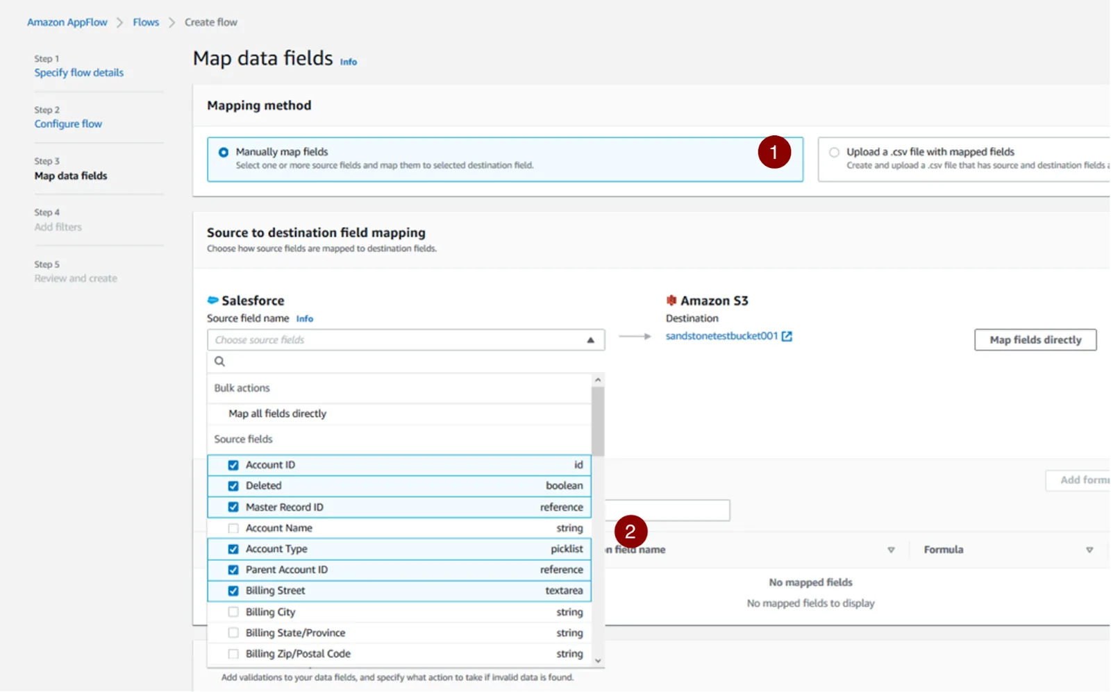Map data fields screen with the source fields listed in the bullets selected