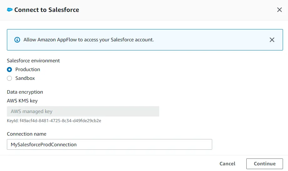 Connect to Salesforce window with details filled out as described in the steps