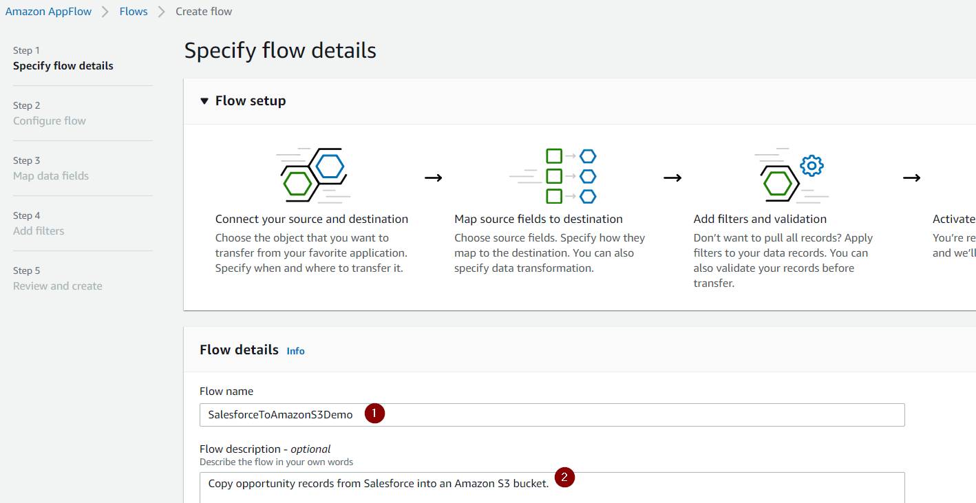 上記の手順で説明したフローの名前と説明が入力されている、[Specify flow (フローの詳細を指定)] 画面