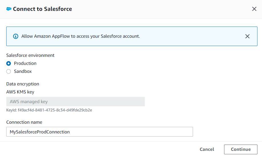 Janela Conectar-se ao Salesforce com detalhes preenchidos conforme descrito nas etapas