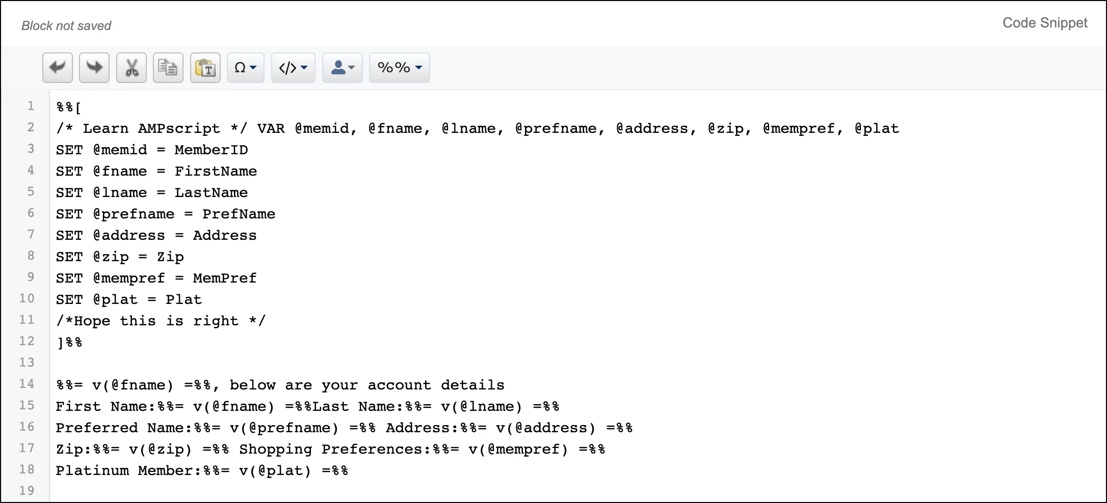 AMPscript block code example in a Code Snippet block