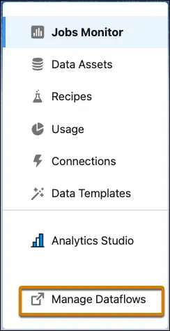 The Manage Dataflows option highlighted in the Data Manager sidebar menu.