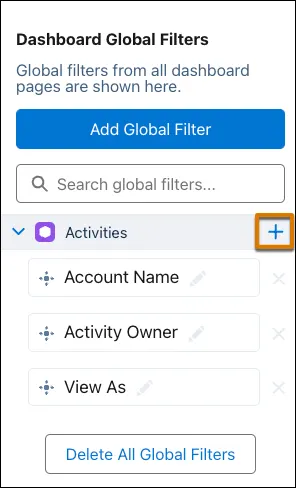 Add filter field button highlighted in dashboard designer.