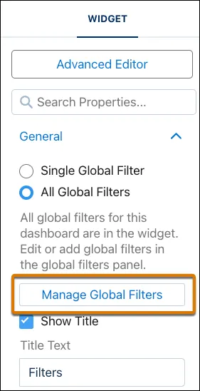 Manage global filters button highlighted in dashboard designer.