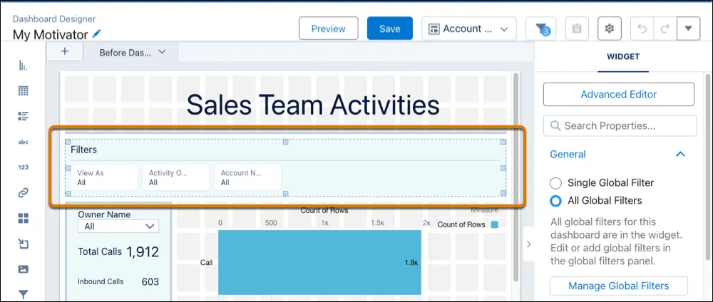 Filter container highlighted in dashboard designer.