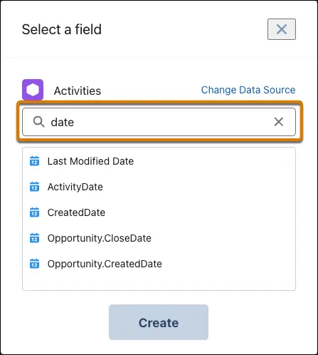 Select a field modal with date in the search box.