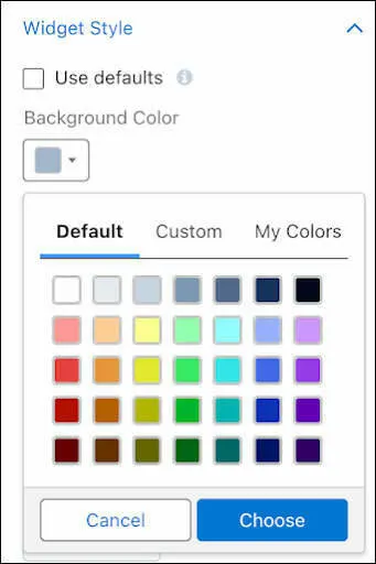 Widget background color picker showing the palette of default colors.