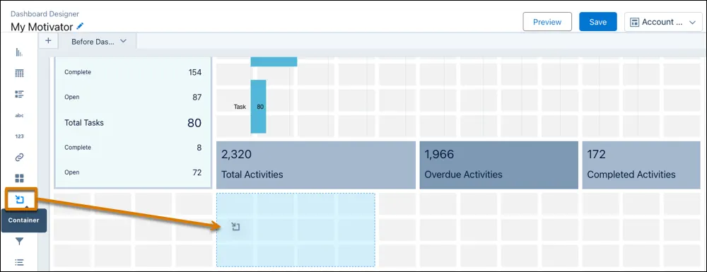 Screenshot mit einem Container-Widget, das auf den Zeichenbereich des Dashboards gezogen wird.