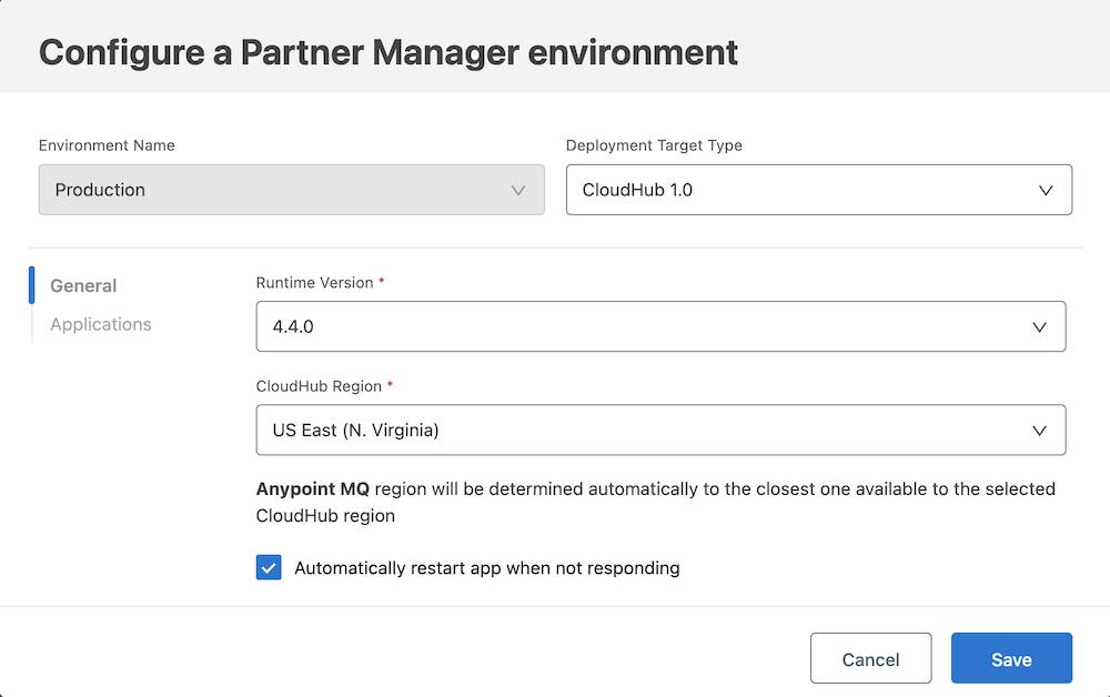 Example of configuring general settings for a CloudHub 1.0 deployment to the Production environment.