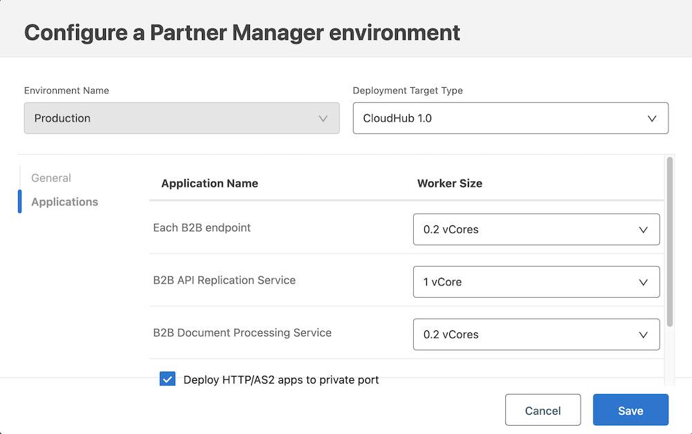 Example of configuring application settings for a CloudHub deployment to the Production environment.