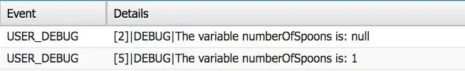 Zwei Ereignisse im Debug-Protokoll. Inhalt von Zeile 2: Die Variable numberOfSpoons ist null. Inhalt von Zeile 5: Die Variable numberOfSpoons ist 1.