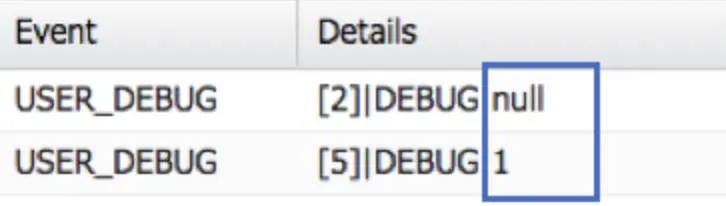 两个调试日志事件。第 2 行的值为空。第 5 行的值为 1。