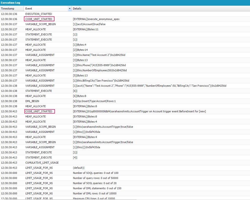 Capture d’écran du journal de débogage de la Developer Console, avec les événements code_unit_started surlignés